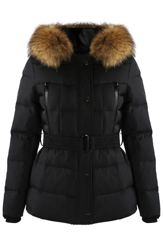 Black Zip Front Belted Puffer Coat With Fur Trim