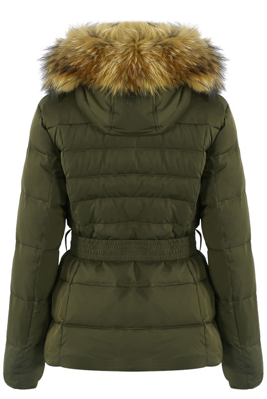 Khaki Zip Front Belted Puffer Coat With Fur Trim