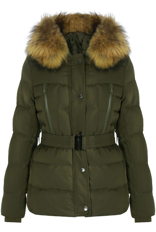 Khaki Zip Front Belted Puffer Coat With Fur Trim