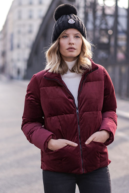 Wine Velvet Quilted Bomber Jacket