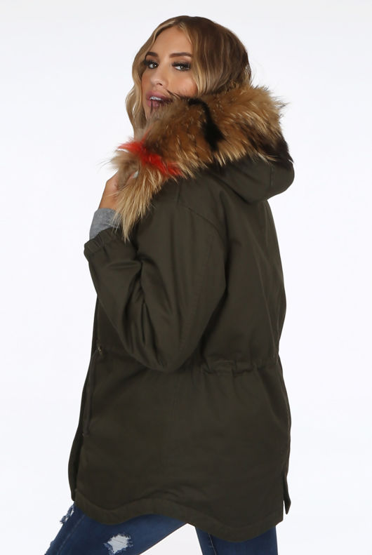 Khaki Natural Fur Hood Parka Coat