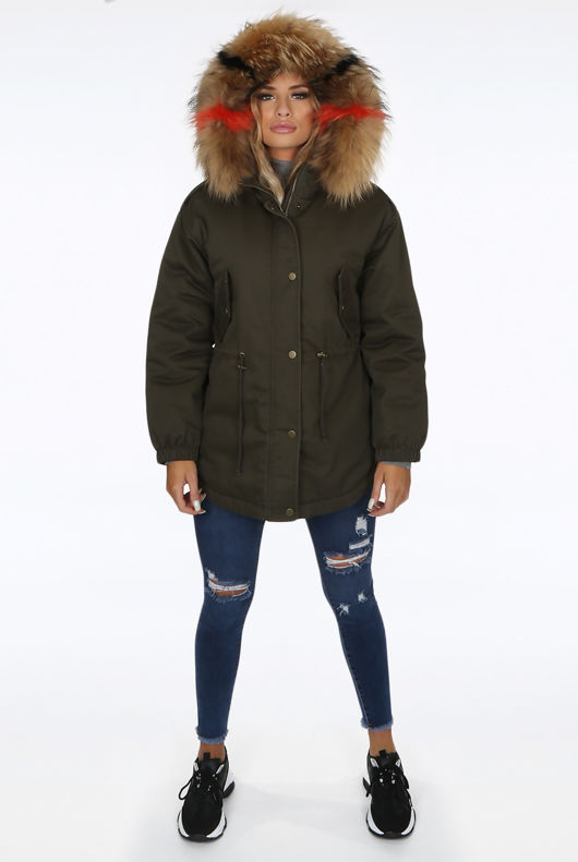 Khaki Natural Fur Hood Parka Coat