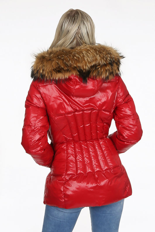 Red Natural Fur Hood Shiny Puffer Jackets