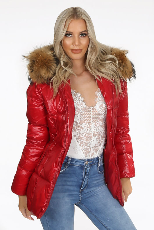 Red Natural Fur Hood Shiny Puffer Jackets