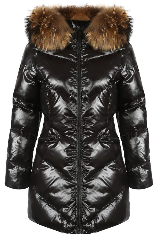 Black Natural Fur Hood Shiny Puffer Coat