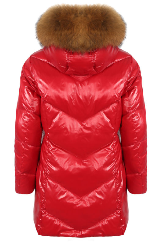 Red Natural Fur Hood Shiny Puffer Coat