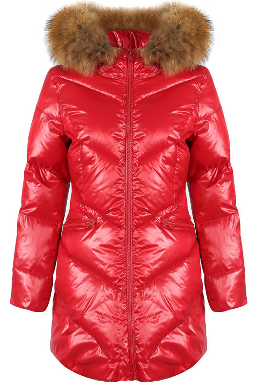 Red Natural Fur Hood Shiny Puffer Coat