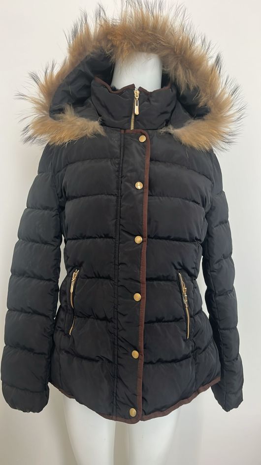 Black Quilted Beige Fur Hood Short Puffer Jackets