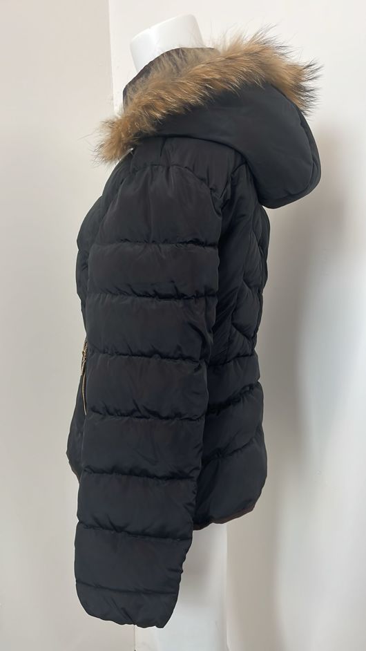 Black Quilted Beige Fur Hood Short Puffer Jackets