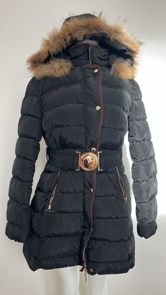 Black Quilted Beige Fur Hood Puffer Jackets
