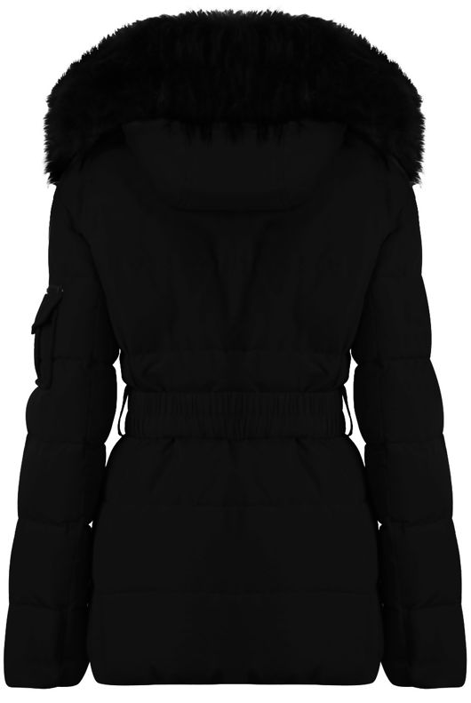 Black with Black Fur Quilted Zip Pockets Puffer Jackets