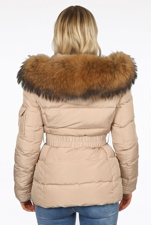 Beige Quilted Zip Pockets Puffa Jackets with Pink Fur