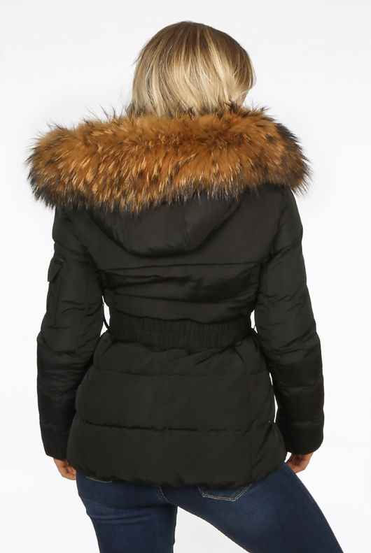 Black Quilted Natural Fur Puffer Jackets