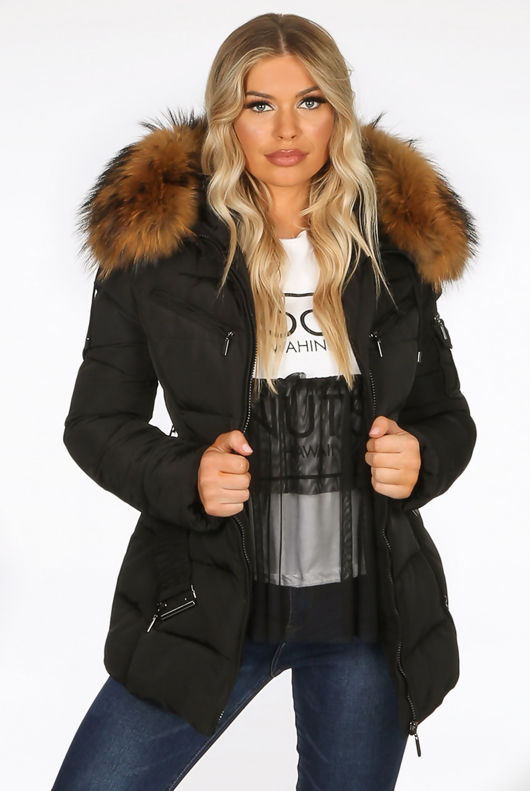 Black Quilted Natural Fur Puffer Jackets