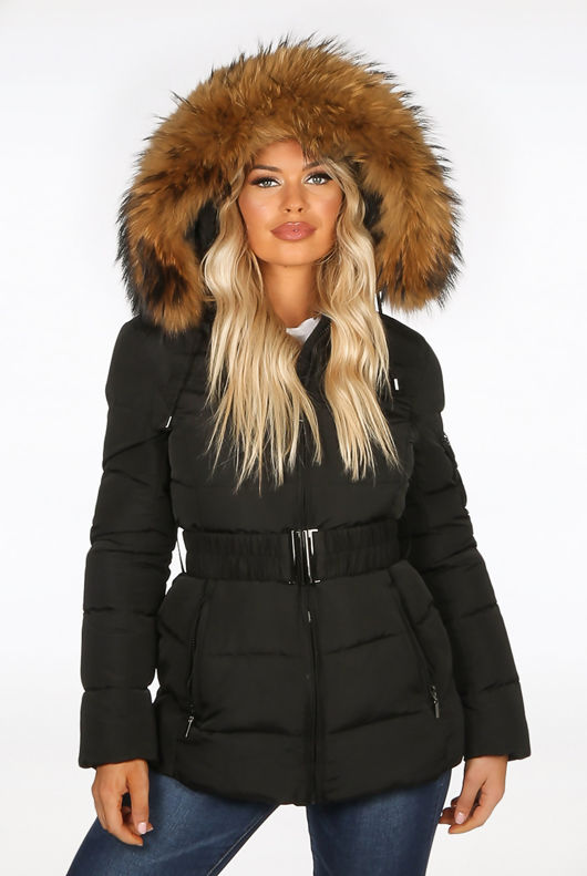 Black Quilted Natural Fur Puffer Jackets