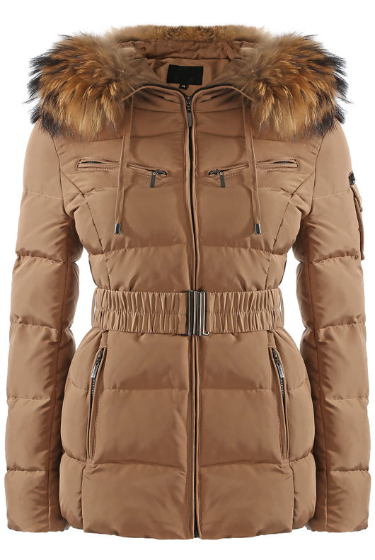 Camel Quilted Natural Fur Puffer Jackets