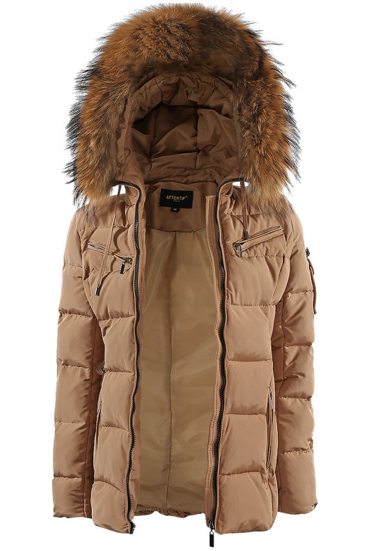 Camel Quilted Natural Fur Puffer Jackets