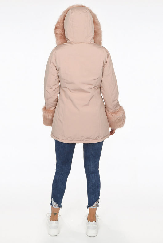 Pink Canvas Parka with Fur Hood & Cuff