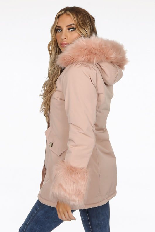 Rose Canvas Parka with Fur Hood & Cuff 