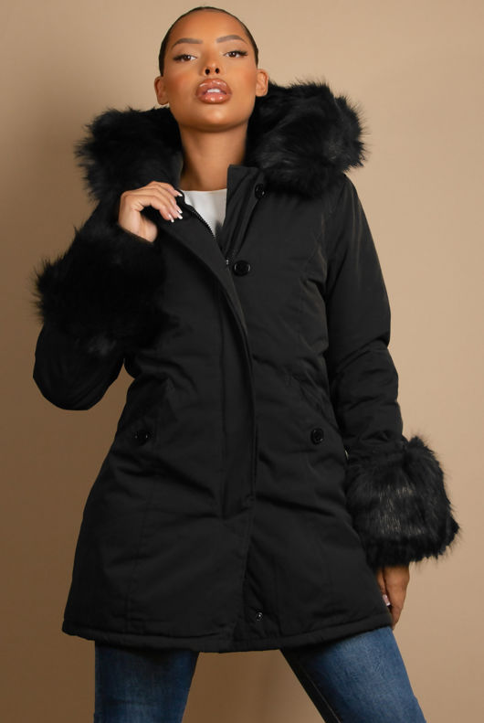 Black Canvas Parka with Fur Hood & Cuff
