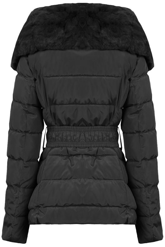 Belted Puffer Jacket With Fur Collar Trim