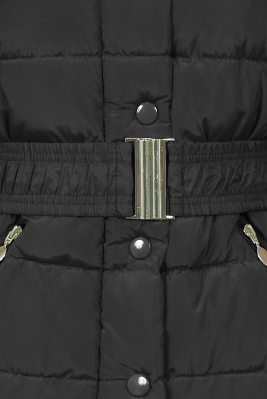 Belted Puffer Jacket With Fur Collar Trim