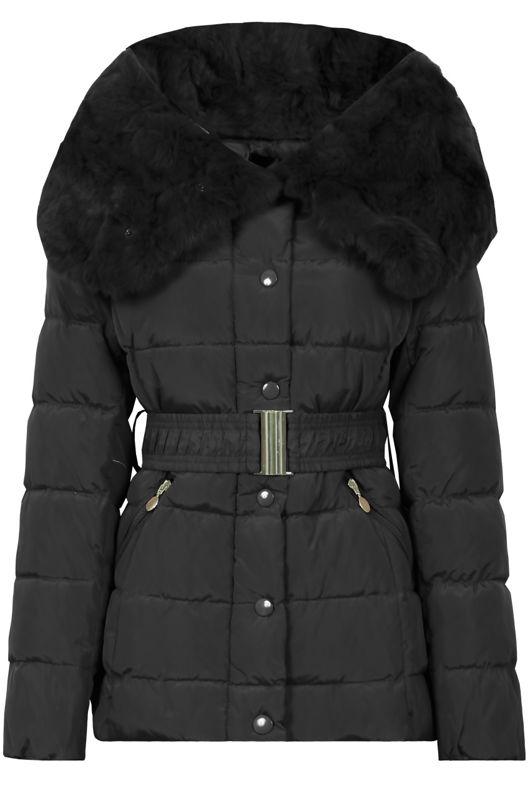 Belted Puffer Jacket With Fur Collar Trim