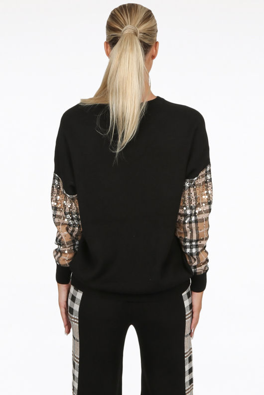 Black Tartan Print Trim Round Neck Jumper & Trouser Set
