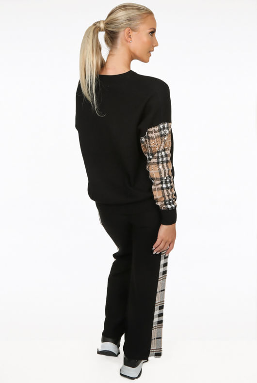 Black Tartan Print Trim Round Neck Jumper & Trouser Set