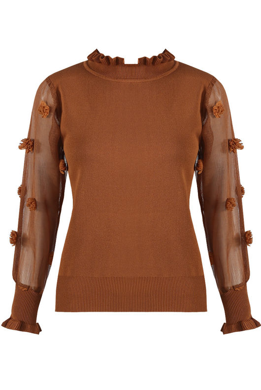 Camel Mesh Sleeves Ribbed Jumper