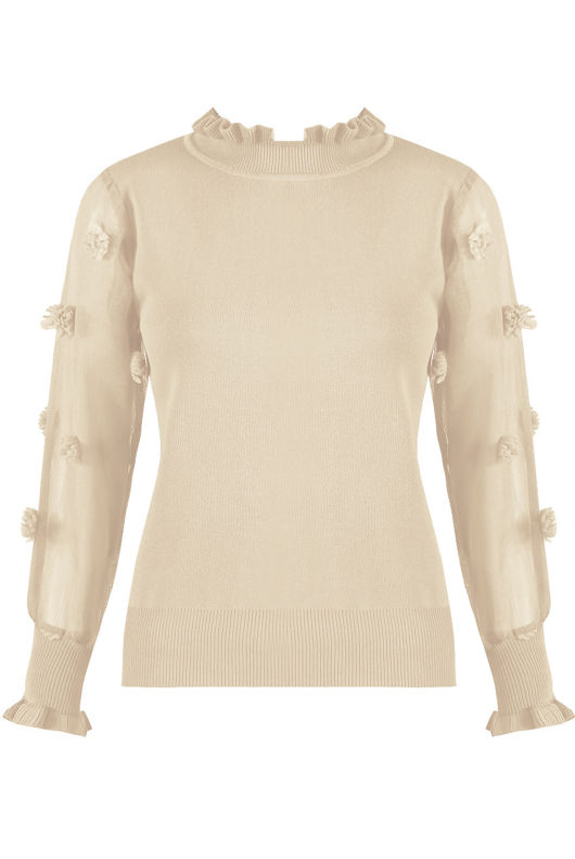 Beige Mesh Sleeves Ribbed Jumper