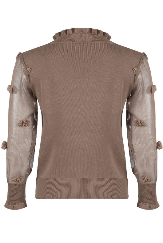 Taupe Mesh Sleeves Ribbed Jumper