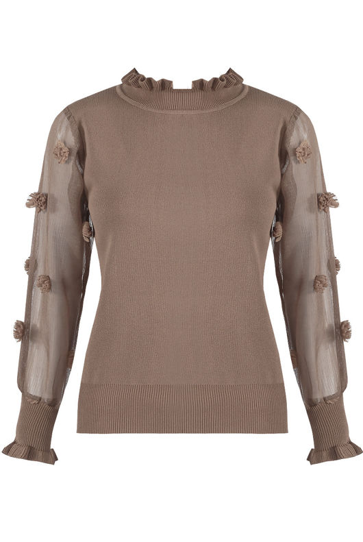 Taupe Mesh Sleeves Ribbed Jumper