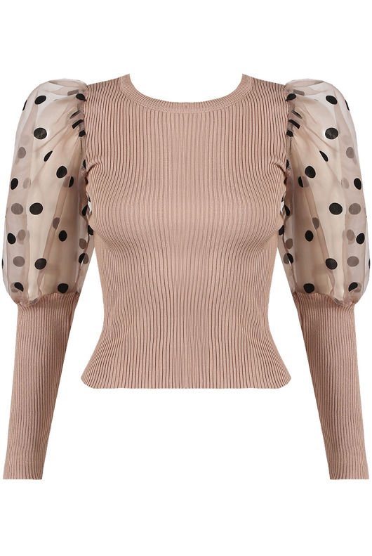 Taupe Polka Dot Mesh Sleeve Jumper