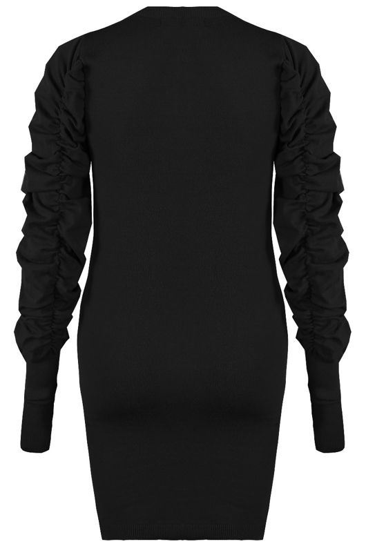 Black Pleated Sleeve Round Neck Shift Dress