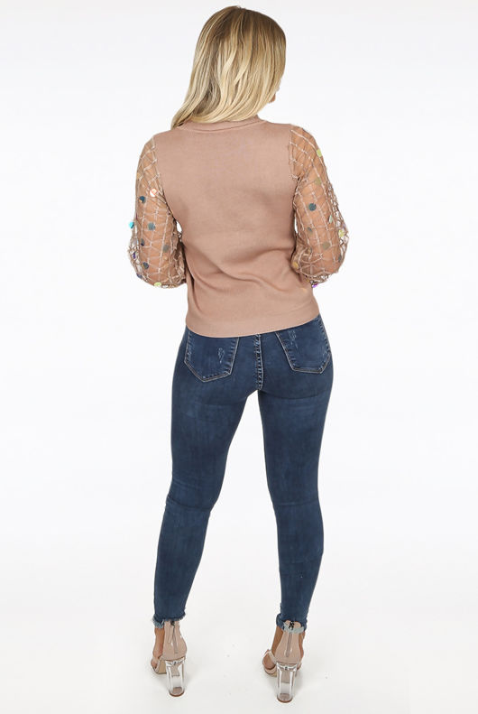 Taupe Sequin Mesh Trim Knit Top