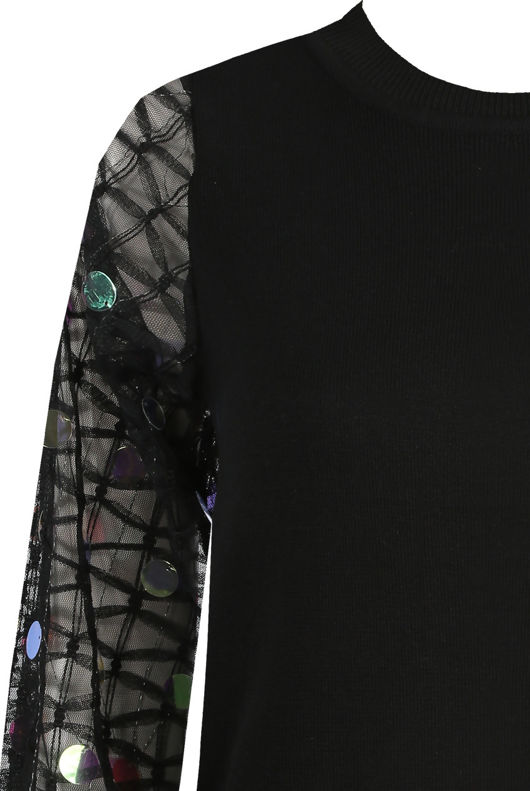 Black Sequin Mesh Trim Knit Top