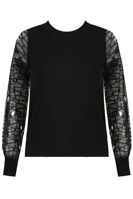 Black Sequin Mesh Trim Knit Top