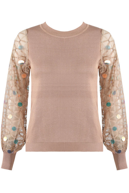 Taupe Sequin Mesh Trim Knit Top