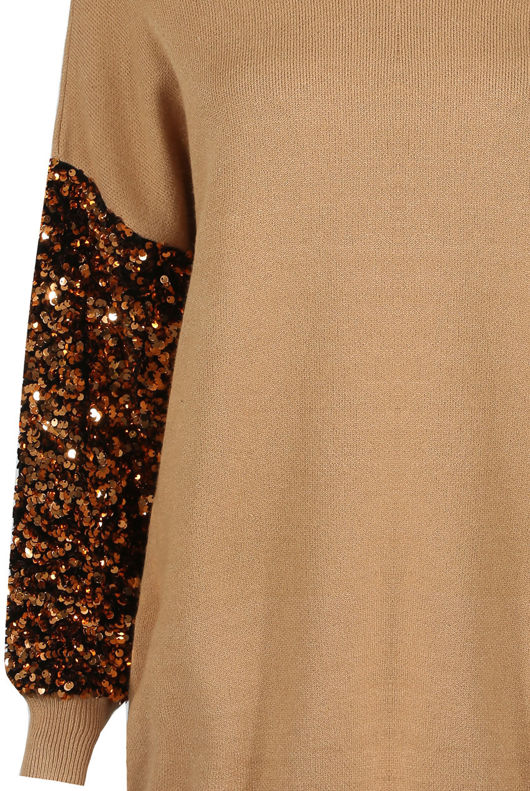 Camel Sequin Sleeves Ribbed Jumper Dress