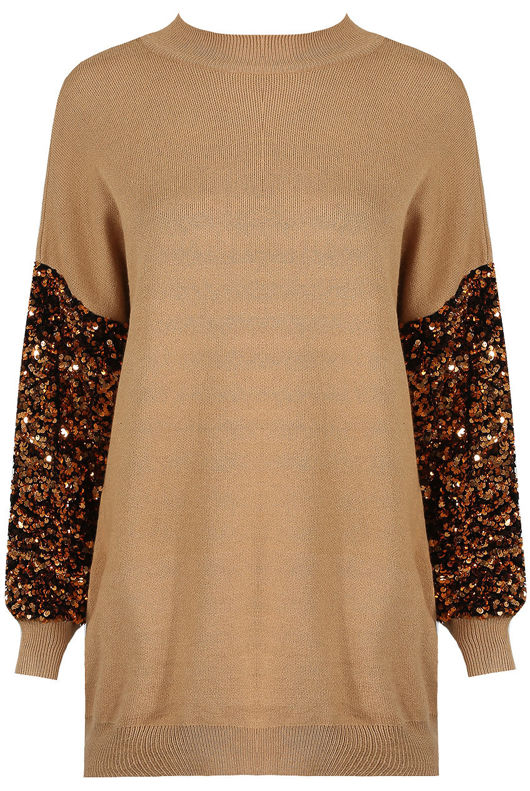 Camel Sequin Sleeves Ribbed Jumper Dress