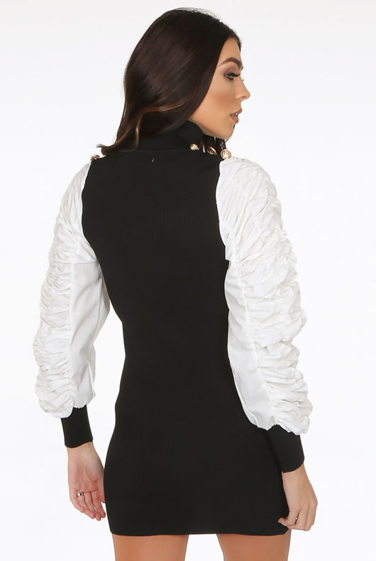 Black Button Trim High Neck Ribbed Jumper Dress