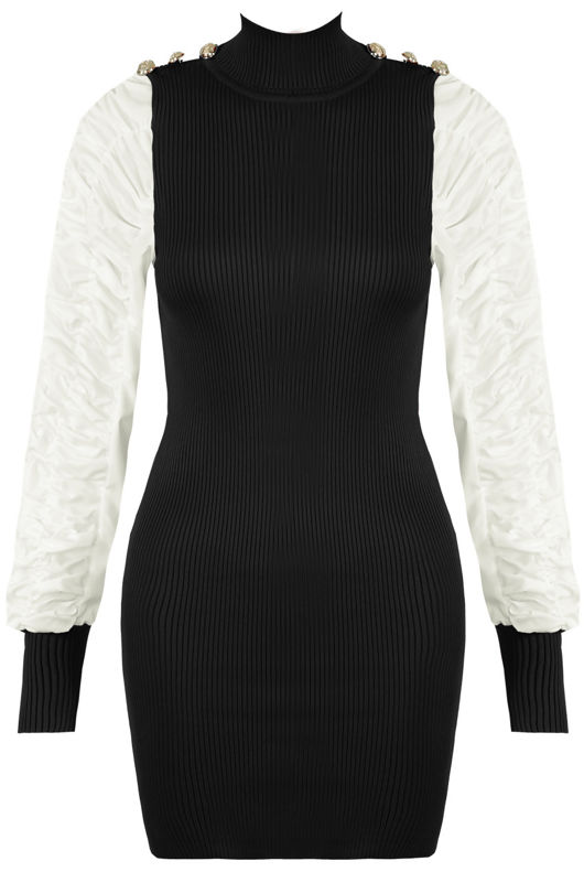 Black Button Trim High Neck Ribbed Jumper Dress