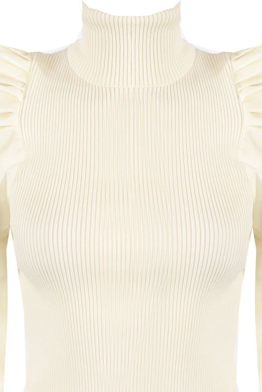 Cream High Neck Puffed Bishop Sleeves Ribbed