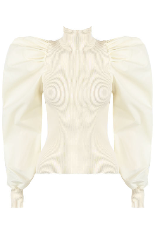 Cream High Neck Puffed Bishop Sleeves Ribbed