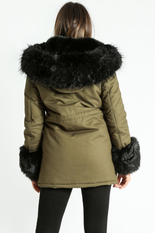 Khaki Padded Parka With Black Faux Fur
