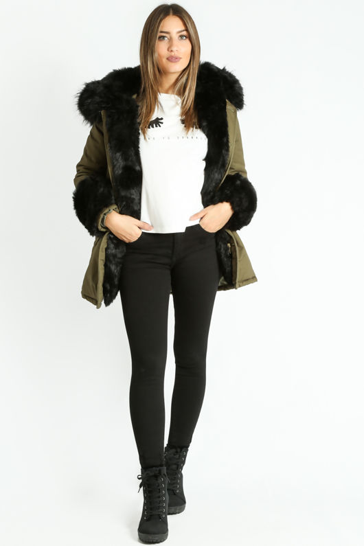 Khaki Padded Parka With Black Faux Fur