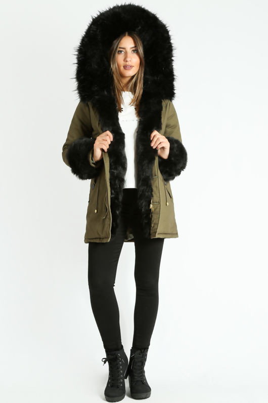 Khaki Padded Parka With Black Faux Fur