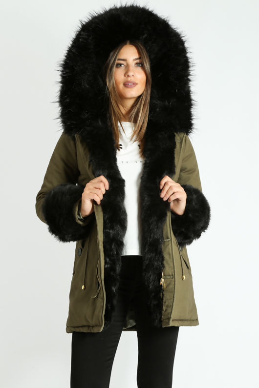 Khaki Padded Parka With Black Faux Fur