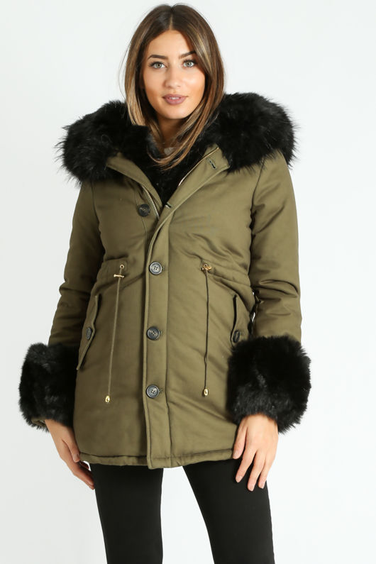 Khaki Padded Parka With Black Faux Fur